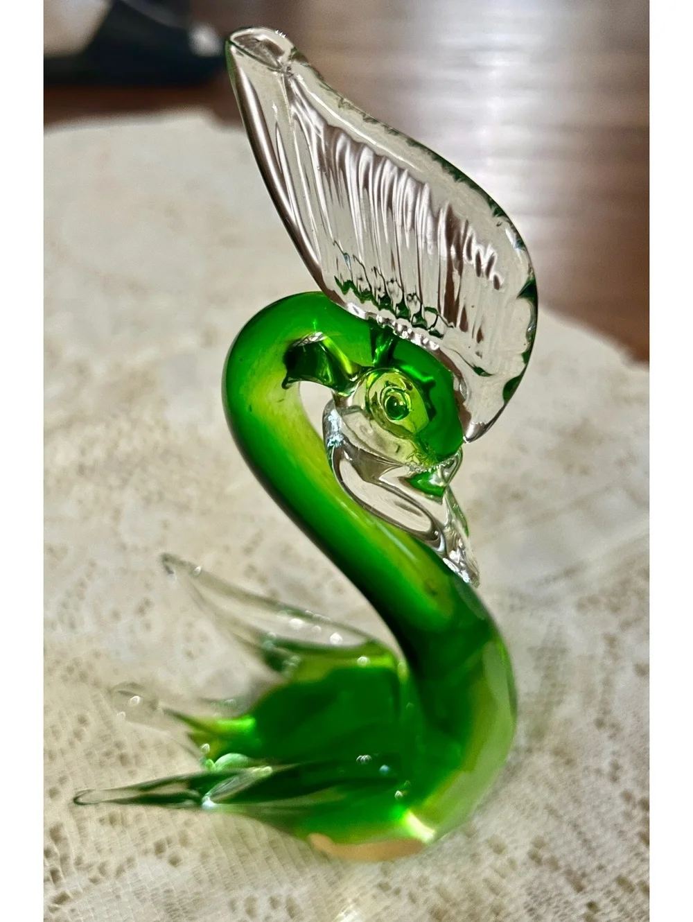 Green and Clear Murano Glass Swan Figurine Made in Italy